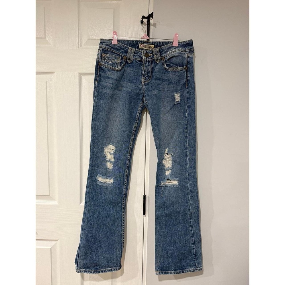 YMI Women's Blue Distressed Flare Jeans Size 7 Boho y2k Streetwear Ripped edgy